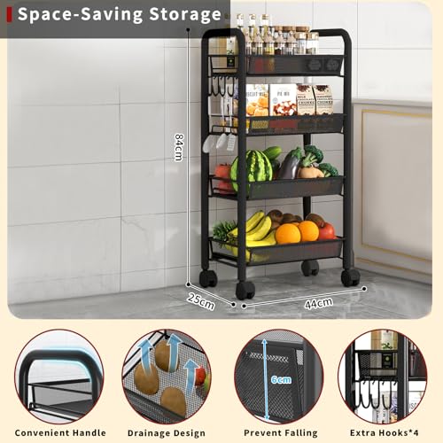 LiveCool Mesh Vegetable Stand Steel,4 Tier Onion Potato Rack for Storage, Metal Kitchen Trolley with Wheels, Trolley Rack for Kitchen, Living Room, Bedroom, Black (KT02-B4) - Image 2