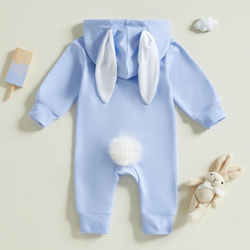 BemeyourBBs Newborn Baby Boy Girl Easter Outfit Bunny Ear Hoodie Romper Long Sleeve Jumpsuit Infant Spring Clothes (Little Bunny Blue, 3-6 Months) - Image 3