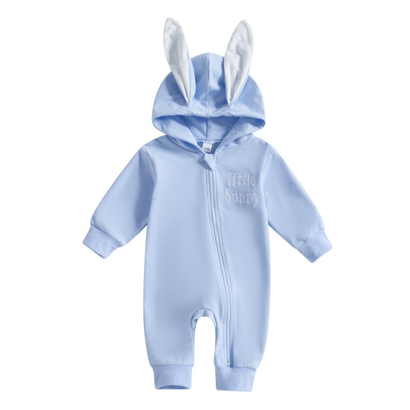 BemeyourBBs Newborn Baby Boy Girl Easter Outfit Bunny Ear Hoodie Romper Long Sleeve Jumpsuit Infant Spring Clothes (Little Bunny Blue, 3-6 Months) - Image 1