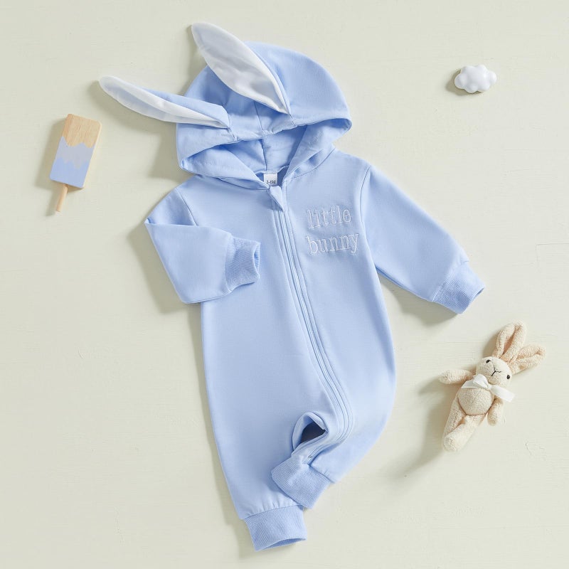 BemeyourBBs Newborn Baby Boy Girl Easter Outfit Bunny Ear Hoodie Romper Long Sleeve Jumpsuit Infant Spring Clothes (Little Bunny Blue, 3-6 Months) - Image 2