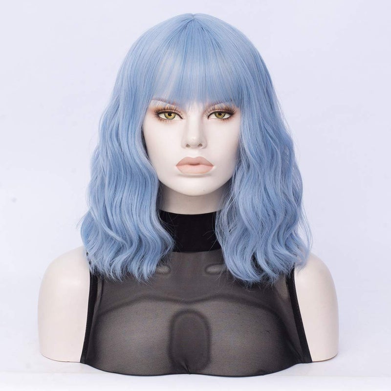 QACCF Light Blue Wig Short Wavy Shoulder Length Women Full Bang Curly Bob Wig (Blue Mix) - Image 4