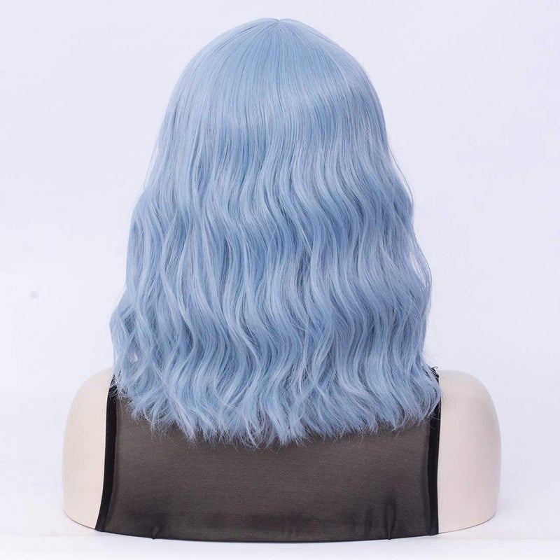 QACCF Light Blue Wig Short Wavy Shoulder Length Women Full Bang Curly Bob Wig (Blue Mix) - Image 5