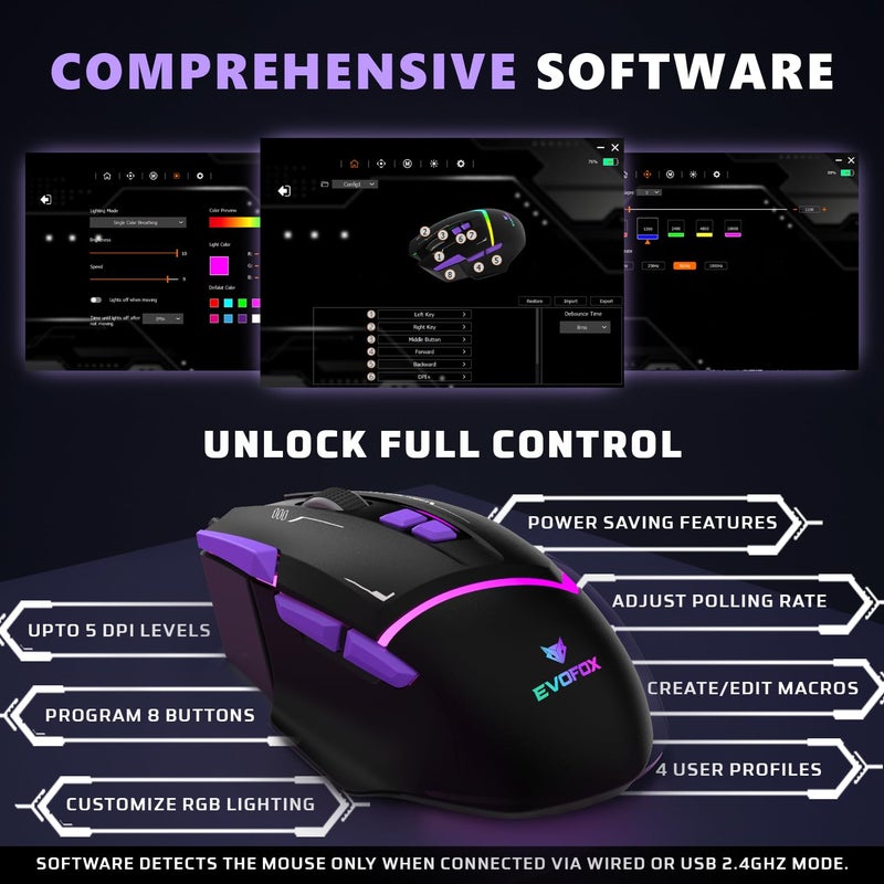EvoFox Performance Series Banshee Rechargeable Wireless Gaming Mouse (2.4G+BT+Wired), Lag Free Hyper Connect-Pixart3325 Sensor, Upto 1000Hz Polling Rate & 10000DPI, 8 Programmable Buttons, Comprehensive Software - Image 4