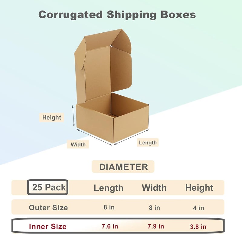 RLAVBL 25 Pack 8x8x4(20.4cmx20.4cmx10.2cm) Carton Shipping Boxes Small Brown Corrugated Cardboard Box for Packing Mailing - Image 2