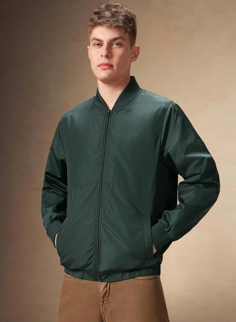 Dennis Lingo B-Green Regular Fit Men's Solid Rib Collar Full Sleeves Polyester Jacket with Zipper Closure  - Image 2