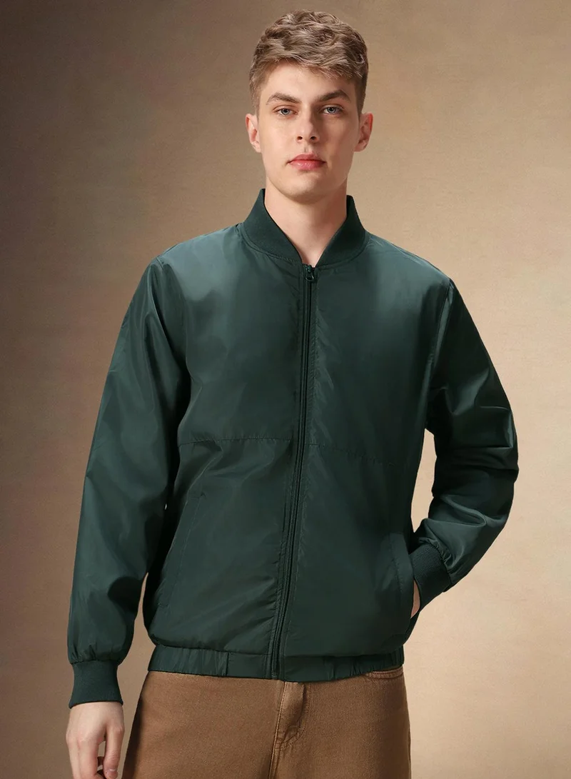 Dennis Lingo B-Green Regular Fit Men's Solid Rib Collar Full Sleeves Polyester Jacket with Zipper Closure