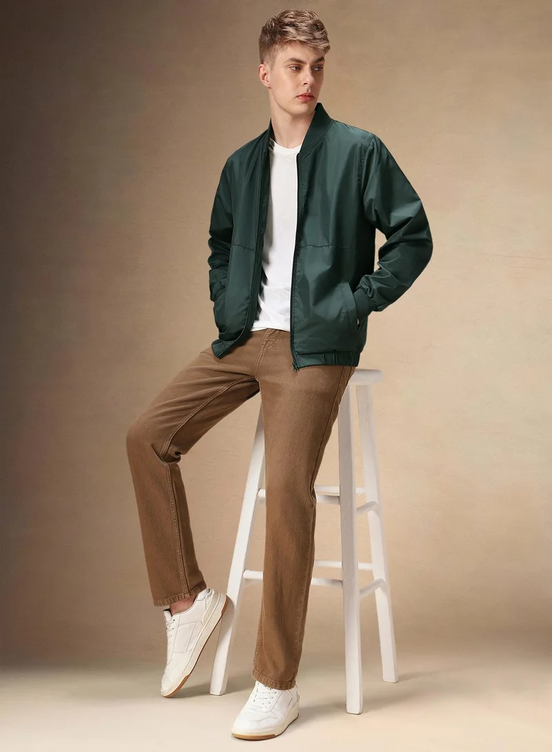 Dennis Lingo B-Green Regular Fit Men's Solid Rib Collar Full Sleeves Polyester Jacket with Zipper Closure