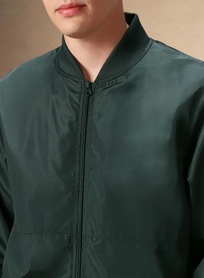 Dennis Lingo B-Green Regular Fit Men's Solid Rib Collar Full Sleeves Polyester Jacket with Zipper Closure