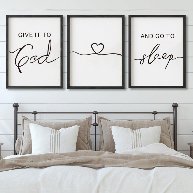 Houmury Set of 3 Framed Farmhouse Give it to God and Go to Sleep Signs 11x14â€ Above Bed Wall Decors for Bedroom Wood Signs (11x14 inches, Black) - Image 1
