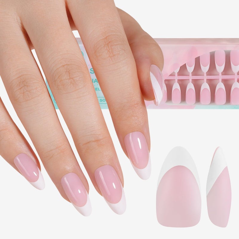 Misssix French Gel Nail Tips, 150Pcs French Tip Press on Nails Medium Almond Pink, No Need to File Tips Pre-lasting, Fake Nails for Nail Art DIY 15 Sizes - Image 1
