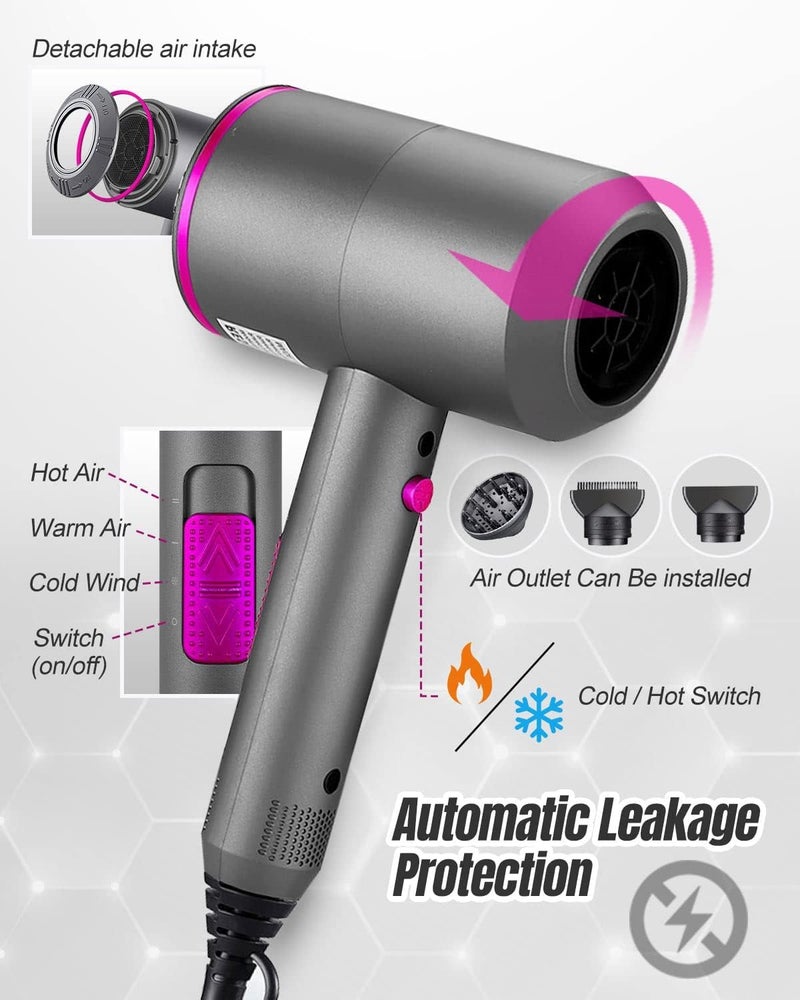 NALACAL Professional Hair Dryer, Fast Drying Ionic Hairdryer with 2 Speed 3 Heat Setting and Cool Shot Button, Blow Dryer with 1 Diffuser & 2 Concentrator for Multi Women Man Hairstyles Gray - Image 2