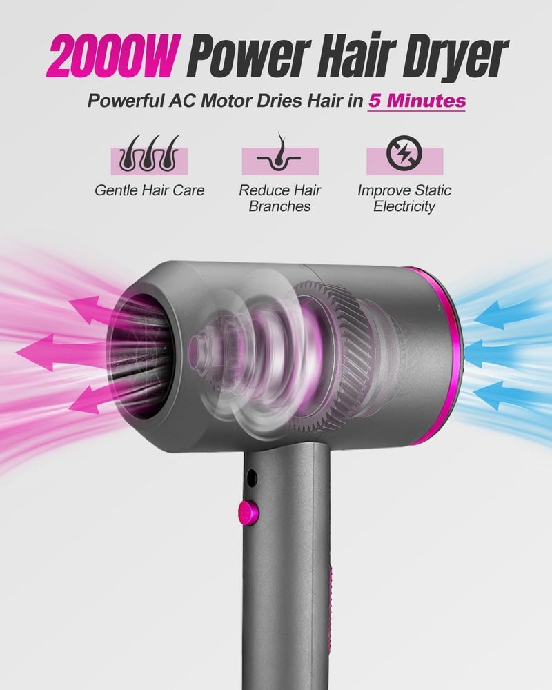 NALACAL Professional Hair Dryer, Fast Drying Ionic Hairdryer with 2 Speed 3 Heat Setting and Cool Shot Button, Blow Dryer with 1 Diffuser & 2 Concentrator for Multi Women Man Hairstyles Gray - Image 5