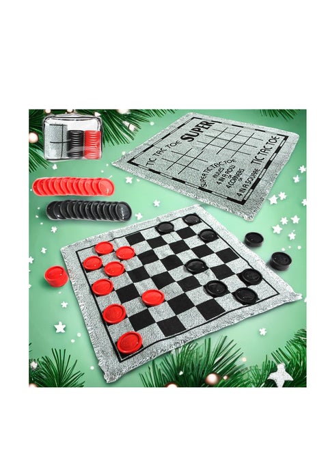 Giant Checkers Set - 3 in 1 Tic Tac Toe Game Board for Adults and Kids with 24 Checker Pieces Reversible Rug - Indoor and Outdoor Games for Family and Party - Gift for Kids (Grey)