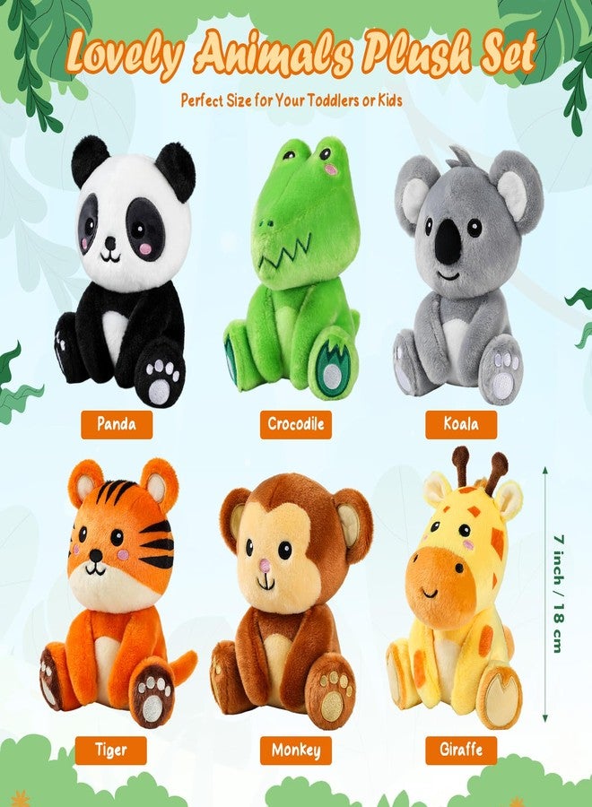 RoundFunny 6 Pcs Small Stuffed Safari Animals Bulk, 7 Inch Jungle Animals Stuffed Toys, Plush Panda Crocodile Monkey Giraffe Tiger Elephant for Baby Shower Safari Jungle Themed Party Student Award - Image 2