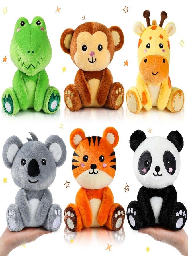 RoundFunny 6 Pcs Small Stuffed Safari Animals Bulk, 7 Inch Jungle Animals Stuffed Toys, Plush Panda Crocodile Monkey Giraffe Tiger Elephant for Baby Shower Safari Jungle Themed Party Student Award - Image 1