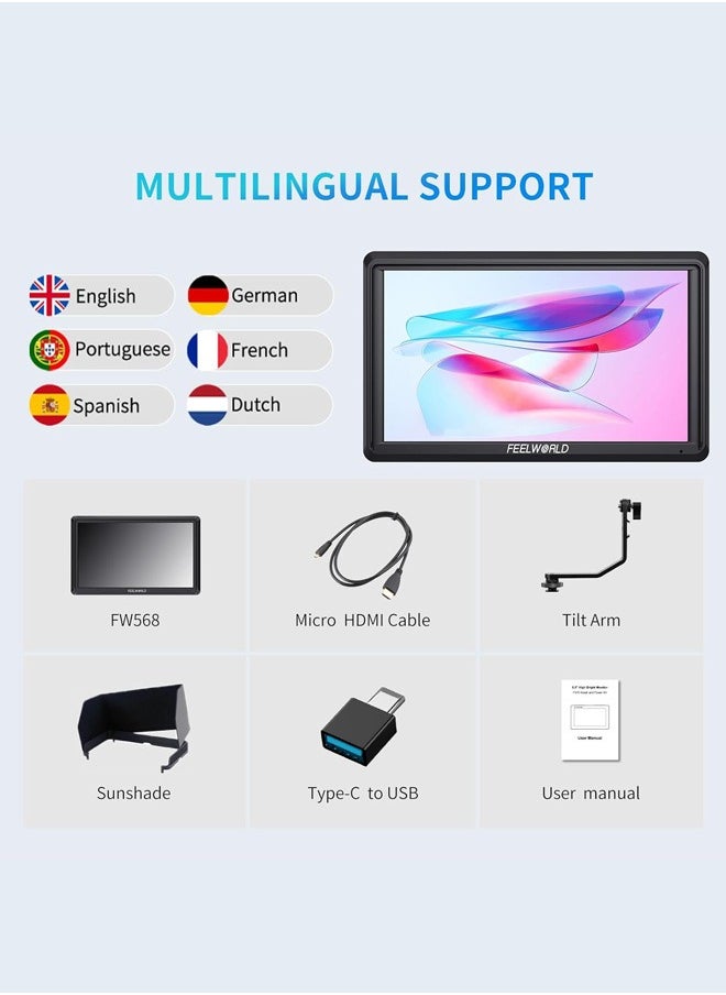 FEELWORLD FW568 V3 6 inch DSLR Camera Field Monitor with Waveform LUTs Video Peaking Focus Assist 1920x1080 IPS with 4K HDMI 8.4V DC Input Output