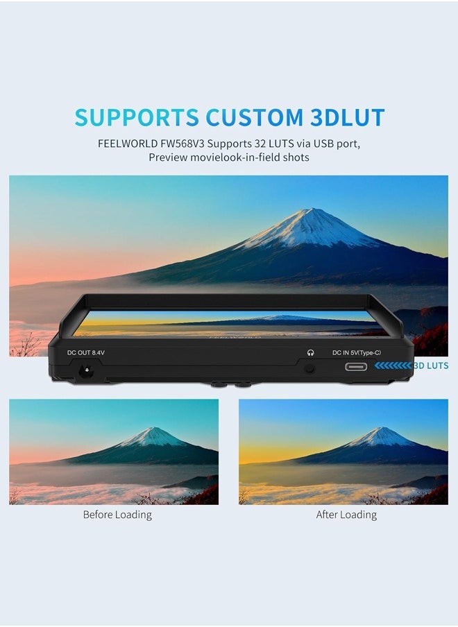 FEELWORLD FW568 V3 6 inch DSLR Camera Field Monitor with Waveform LUTs Video Peaking Focus Assist 1920x1080 IPS with 4K HDMI 8.4V DC Input Output