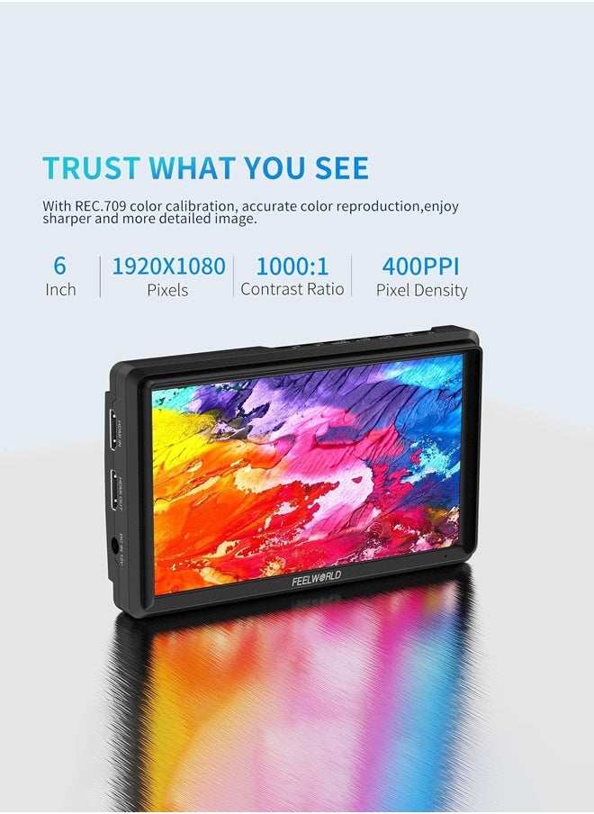 FEELWORLD FW568 V3 6 inch DSLR Camera Field Monitor with Waveform LUTs Video Peaking Focus Assist 1920x1080 IPS with 4K HDMI 8.4V DC Input Output