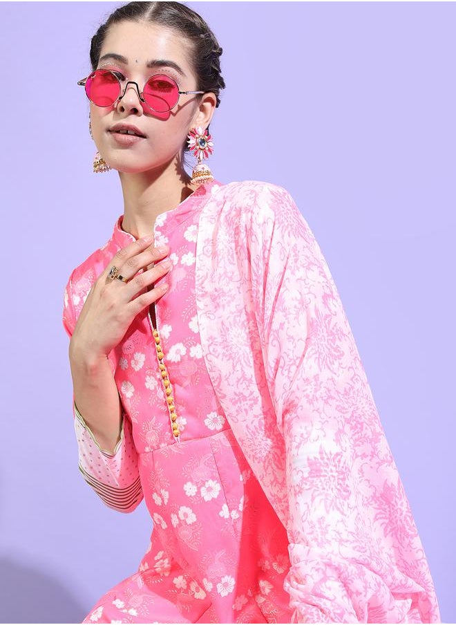 Vishudh Pack of 3 - Floral Cotton Kurta, Palazzo & Dupatta by Styli  - Image 2