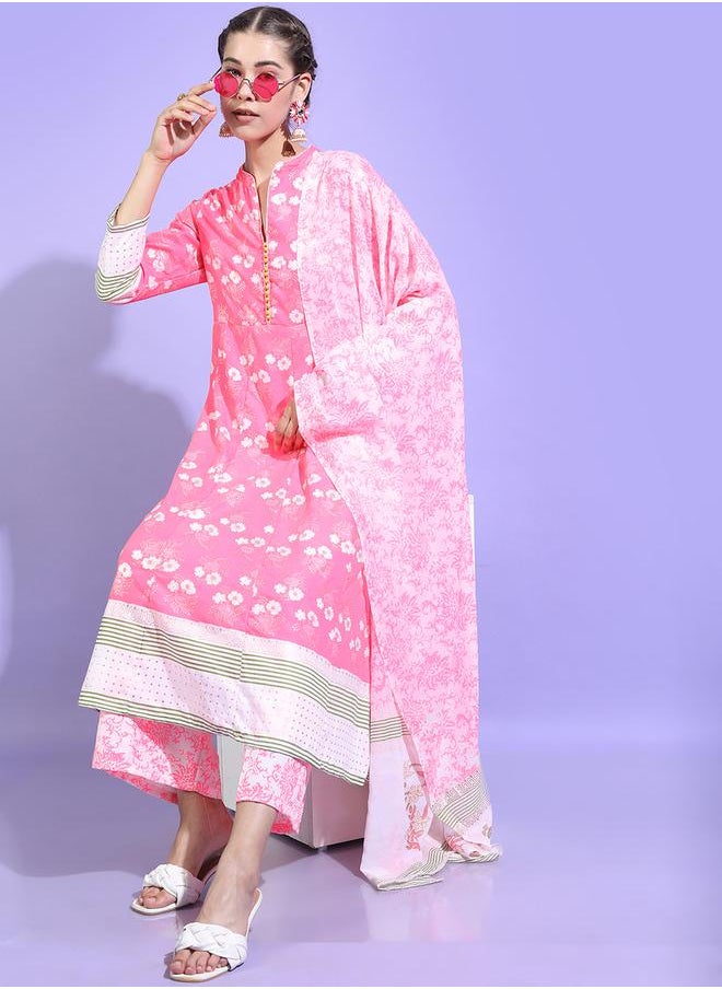 Vishudh Pack of 3 - Floral Cotton Kurta, Palazzo & Dupatta by Styli  - Image 1
