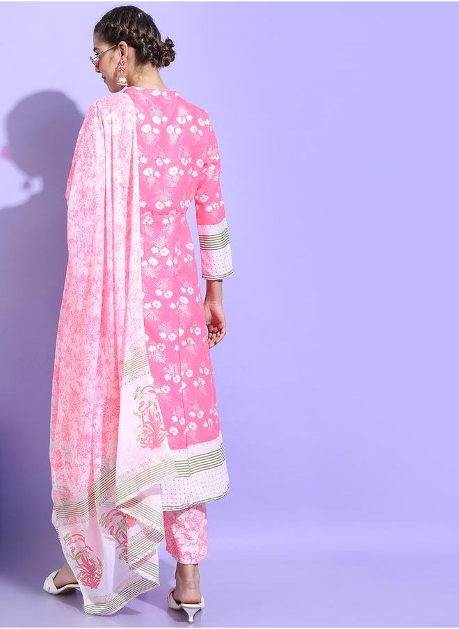 Vishudh Pack of 3 - Floral Cotton Kurta, Palazzo & Dupatta by Styli  - Image 3