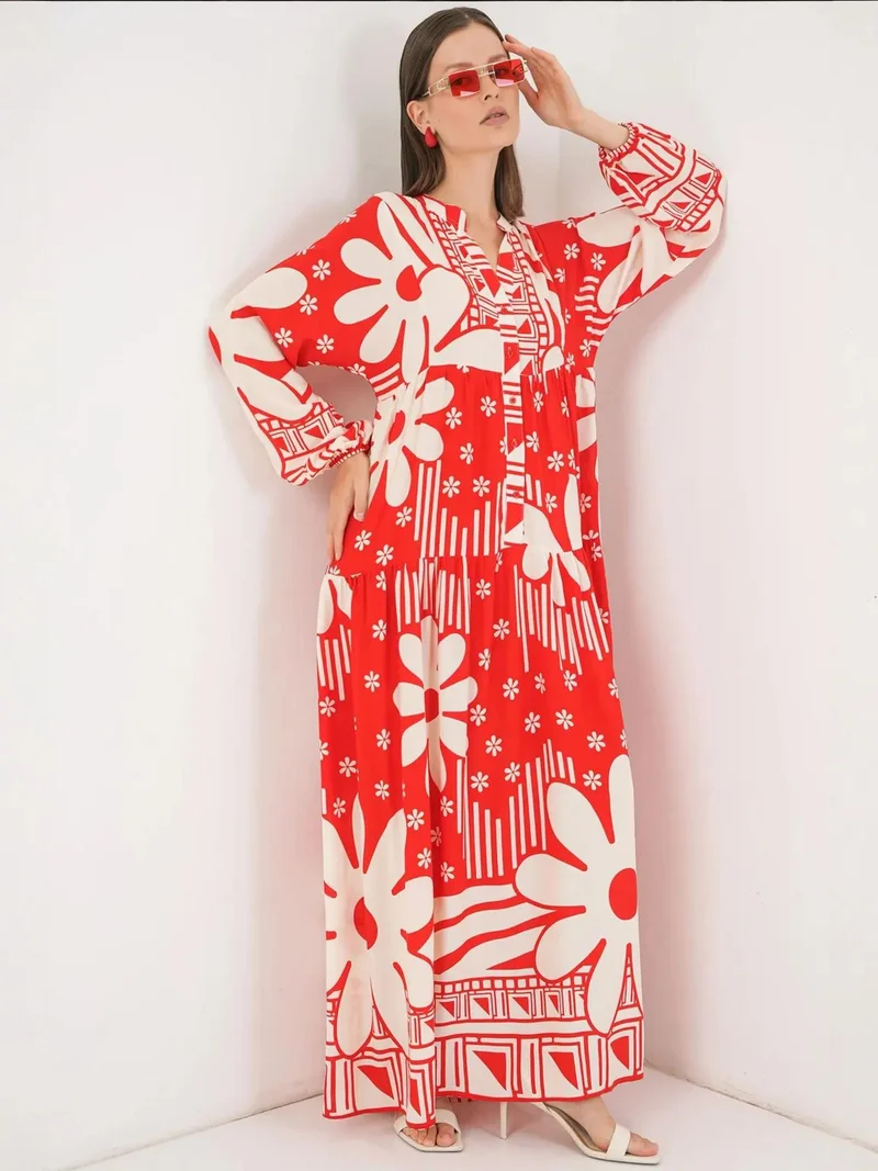 BIG DART BDART Printed V-Neck Maxi Dress with Button Closure