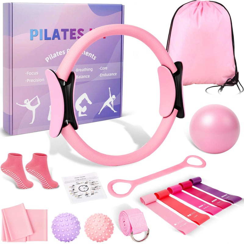 BYYNNE Home Pilates Kit for Women - 14 Pcs Pilates Equipment Set with P-ilates Ring and Ball, 5 Resistance Bands Etc Accessories for Beginners Home Workouts - Includes Workout Guide (Pink) - Image 1