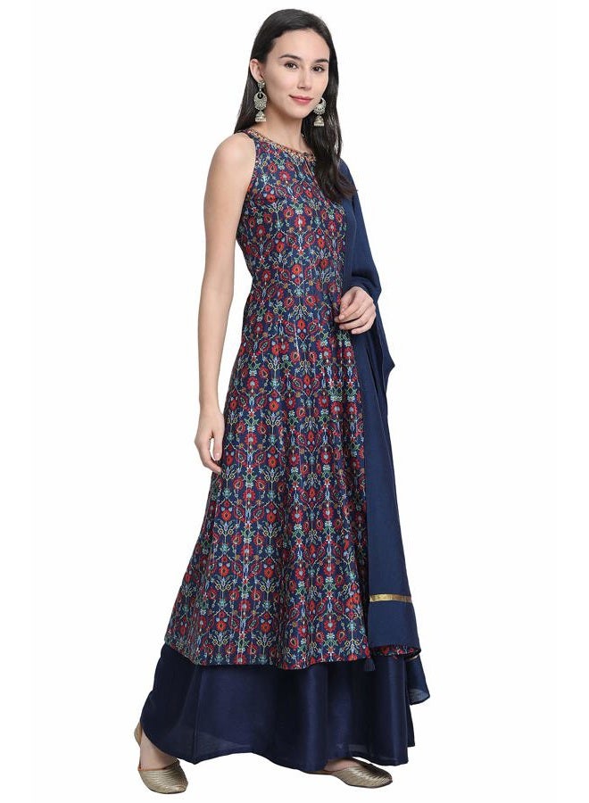 Janasya Indian Women's Blue Poly Muslin Kurta With Palazzo and Dupatta(J0230-SKD-M) - Image 2