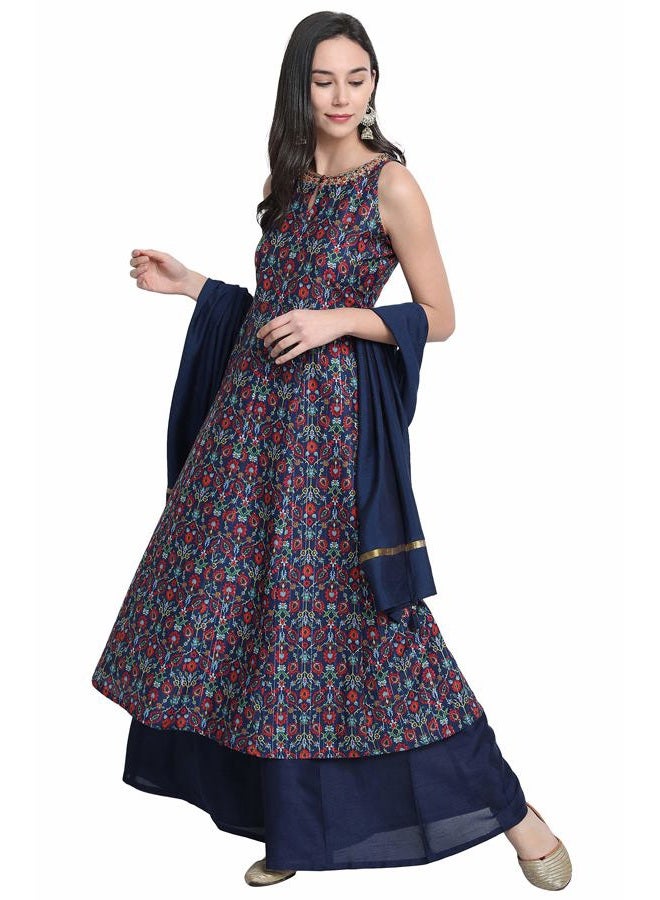 Janasya Indian Women's Blue Poly Muslin Kurta With Palazzo and Dupatta(J0230-SKD-M) - Image 1