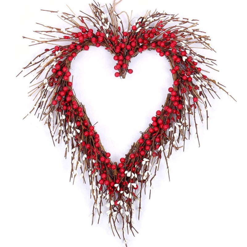 idyllic Heart Wreath Handmade Red Berry Heart Shaped Wreath Rustic Twig for Door Decorative Classic Indoor Decor 18 Inches Valentine's Wreath - Image 1