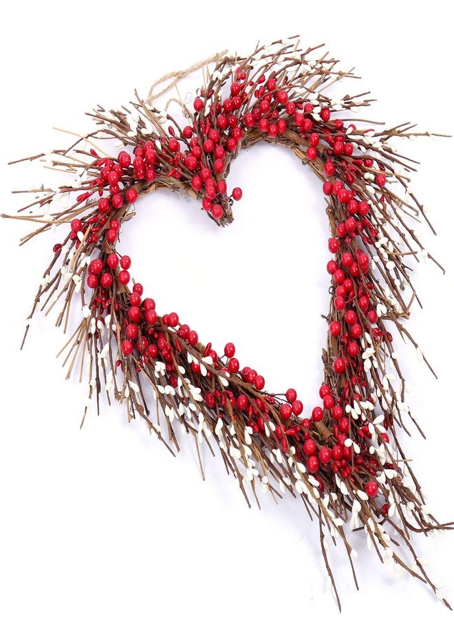 idyllic Heart Wreath Handmade Red Berry Heart Shaped Wreath Rustic Twig for Door Decorative Classic Indoor Decor 18 Inches Valentine's Wreath - Image 3