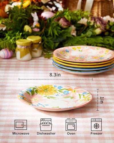 Metahom Easter Salad Plates, 8" Ceramic Bunny Plate Set, Dessert Appetizer Dishes Set of 6, Watercolor Style, Dishwasher & Microwave Safe, Set of 6 - Image 2
