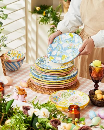 Metahom Easter Salad Plates, 8" Ceramic Bunny Plate Set, Dessert Appetizer Dishes Set of 6, Watercolor Style, Dishwasher & Microwave Safe, Set of 6 - Image 5