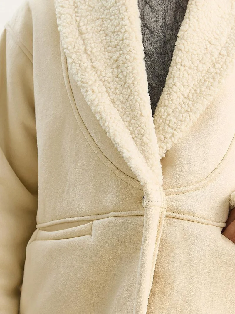 Bianco Lucci Cream Natural LUCCI Faux Fur Detailed Buttoned Coat for Women | Best Price UAE