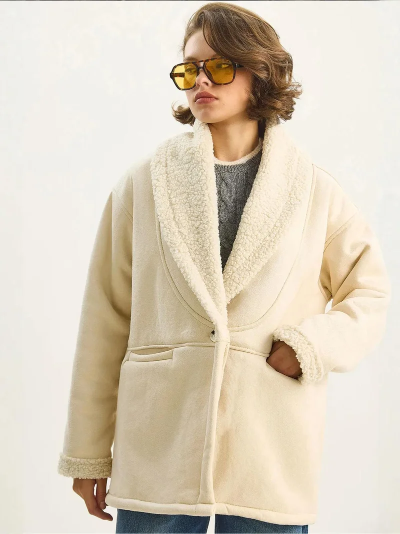 Bianco Lucci Cream Natural LUCCI Faux Fur Detailed Buttoned Coat for Women | Best Price UAE