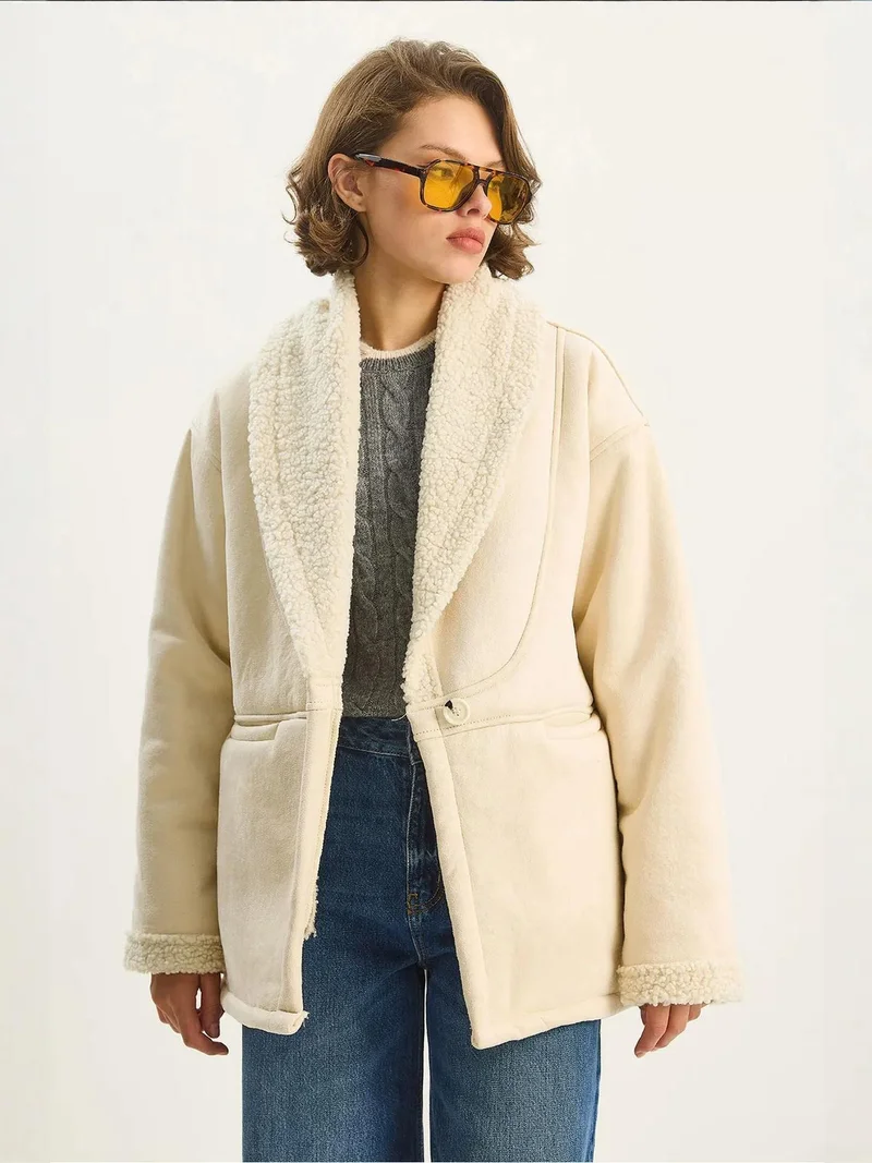 Bianco Lucci Cream Natural LUCCI Faux Fur Detailed Buttoned Coat for Women | Best Price UAE