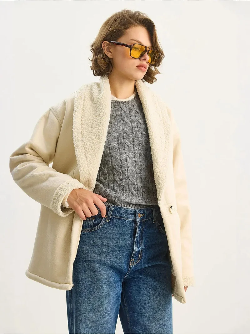 Bianco Lucci Cream Natural LUCCI Faux Fur Detailed Buttoned Coat for Women | Best Price UAE