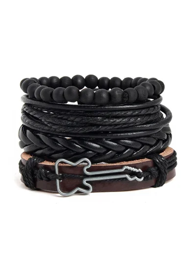 SOHI Men 4 Black & Brown Leather Charm Artificial Bracelet Jewellery