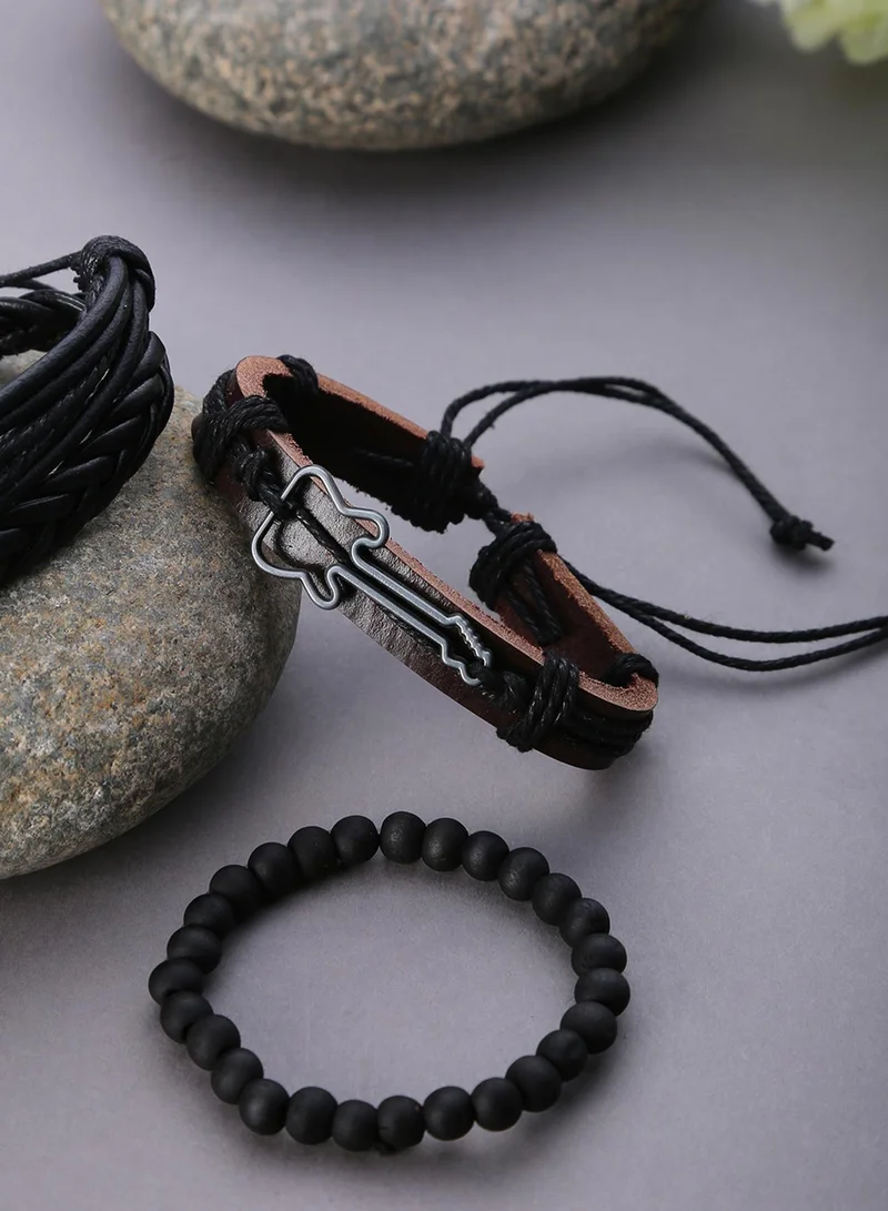 SOHI Men 4 Black & Brown Leather Charm Artificial Bracelet Jewellery