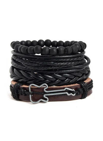 SOHI Men 4 Black & Brown Leather Charm Artificial Bracelet Jewellery