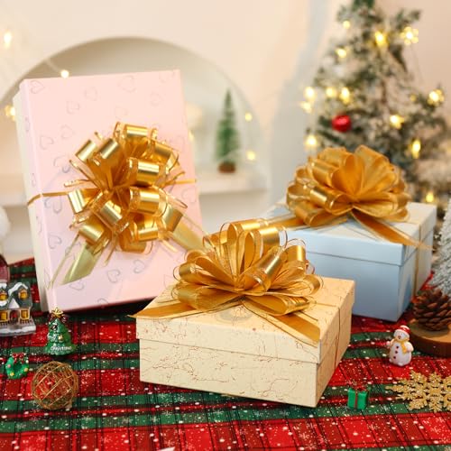 TIMESEEK 10-Pack Metallic Gold Pull Bows for Gift Wrapping - 6 Inch Reusable Ribbon Bows, Large Instant Floral Decor Bow for Wedding, Christmas, Birthday Decor, Gift Basket & Party Decorations - Image 4