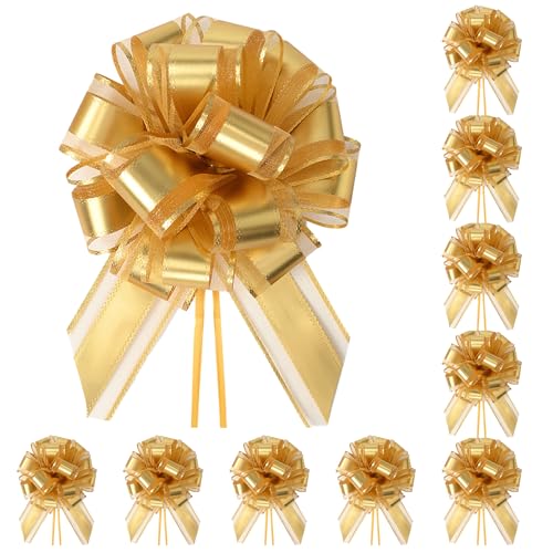 TIMESEEK 10-Pack Metallic Gold Pull Bows for Gift Wrapping - 6 Inch Reusable Ribbon Bows, Large Instant Floral Decor Bow for Wedding, Christmas, Birthday Decor, Gift Basket & Party Decorations - Image 1