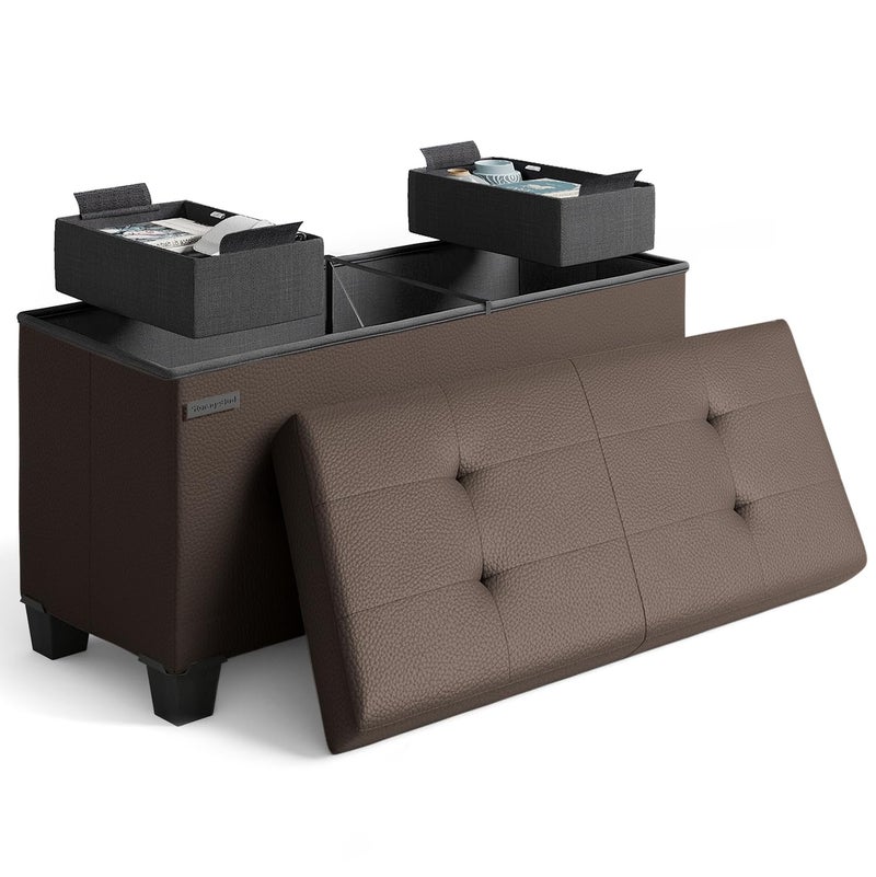 STORAGEBUD Storage Ottoman Bench with Bins 30in Storage Bench for Bedroom End of Bed Folding Foot Rest Ottoman for Living Room Max 660lbs Faux Leather Ottomans Brown