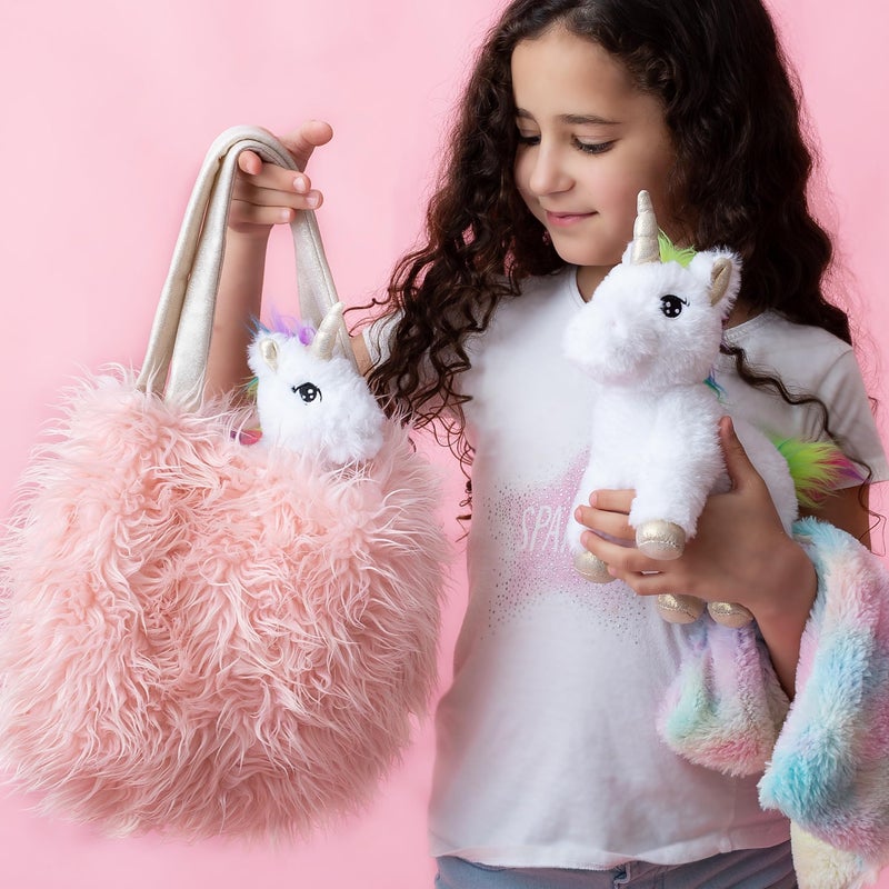Perfectto Design Unicorn Toy for Girls Age 3, 4, 5. 4 PCS Set - Mommy Baby Stuffed Animal, Bag and a Doll Blanket. Unicorn Gift for 3-6 Year Old Girl Birthday or Christmas. (White Rainbow) - Image 1