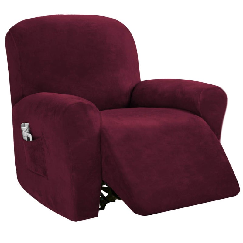 PrinceDeco Recliner Chair Cover Velvet Stretch Recliner Couch Covers 4Pieces Style Recliner Chair Covers Recliner Cover for Reclining Chair Slipcovers Feature Non Slip Form Fitted Thick SoftBurgundy