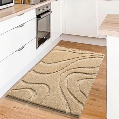 DEXDE Bathroom Rugs Mat,Soft Plush Shaggy Microfiber Bath Rug,Non Slip Bath Mats for Bathroom Floor,Machine Washable Absorbent Carpet for Shower Tub,Beige 24"x36" - Image 2