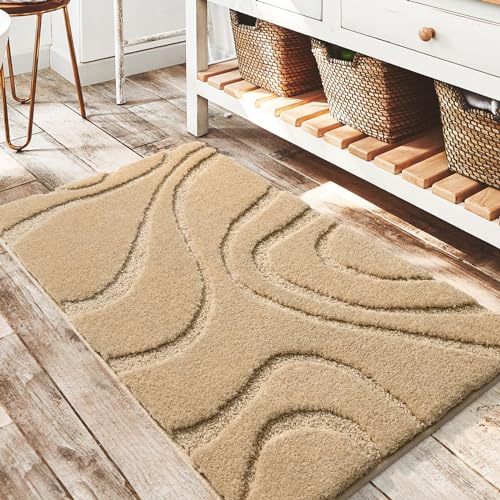 DEXDE Bathroom Rugs Mat,Soft Plush Shaggy Microfiber Bath Rug,Non Slip Bath Mats for Bathroom Floor,Machine Washable Absorbent Carpet for Shower Tub,Beige 24"x36" - Image 1