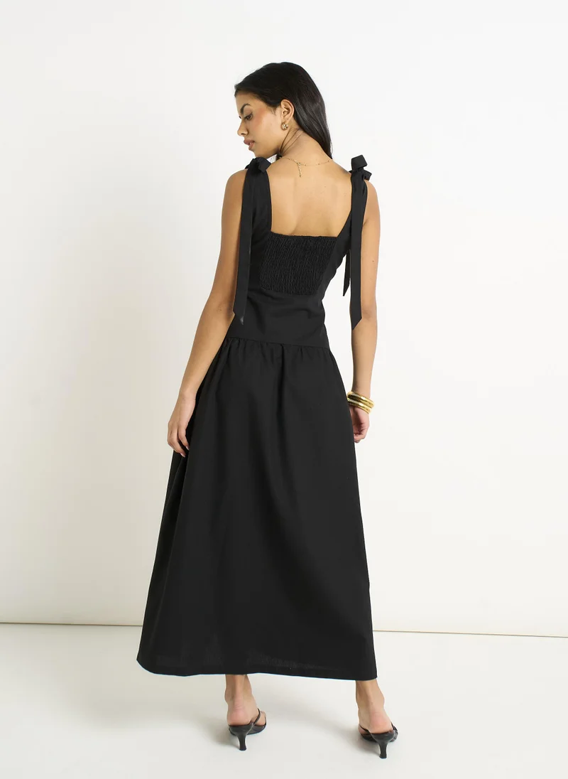 Gini London  Black Linen Mix Drop Waist Midi Dress for Women | Best Price UAE