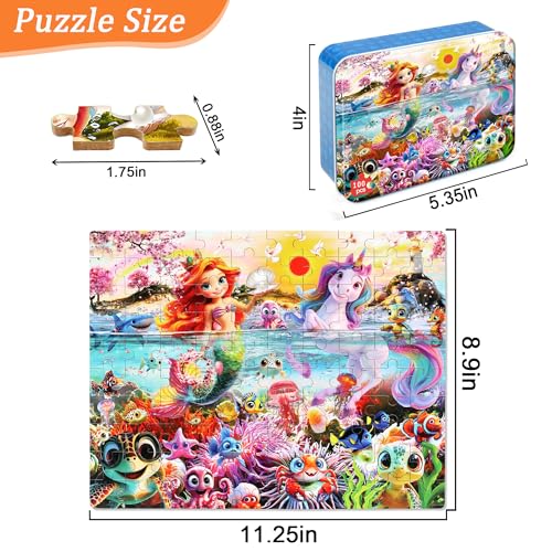 MZZOTOY Mermaid Unicorn Puzzles for Kids Ages 48 100 Pieces Jigsaw Puzzles for Kids Ages 35 Puzzle for Girls and Boys Learning Educational Puzzles Toys in a Metal Box - Image 5