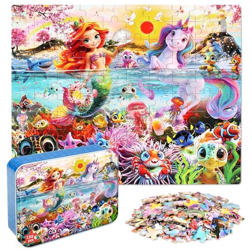 MZZOTOY Mermaid Unicorn Puzzles for Kids Ages 48 100 Pieces Jigsaw Puzzles for Kids Ages 35 Puzzle for Girls and Boys Learning Educational Puzzles Toys in a Metal Box - Image 1